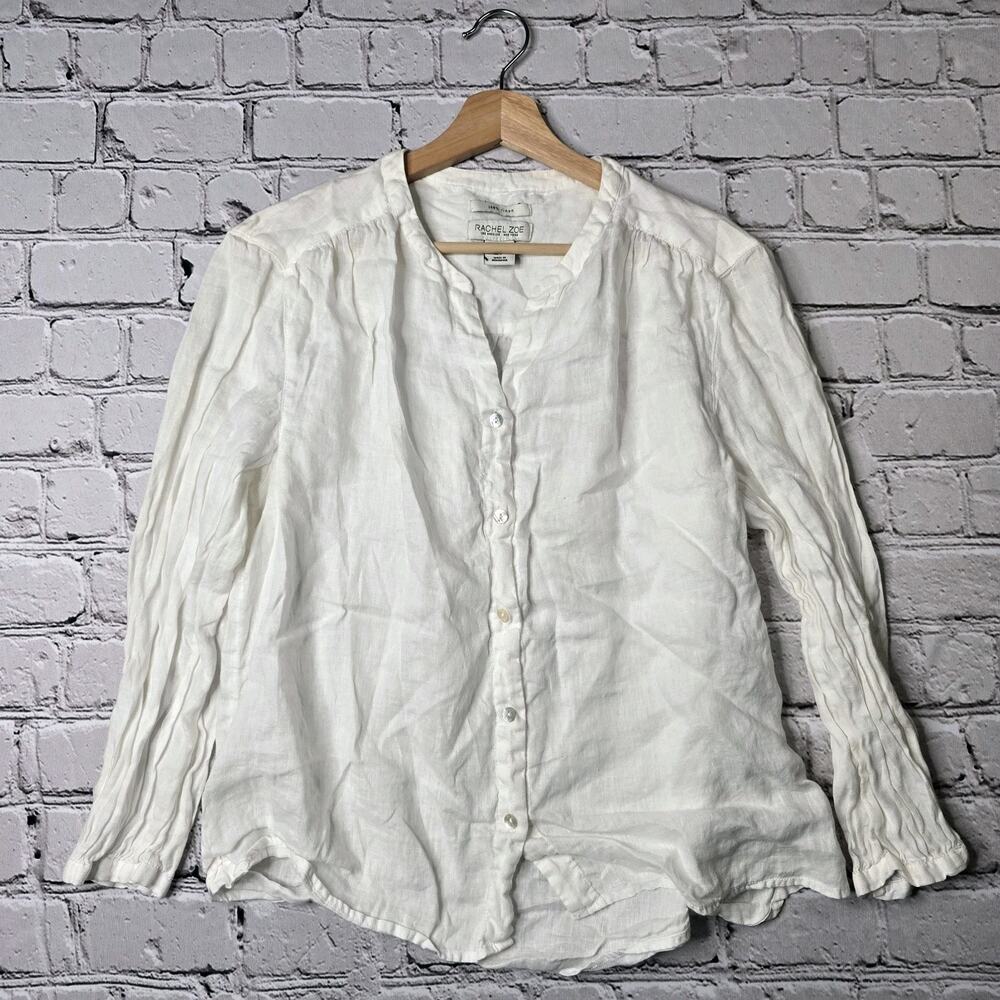 Rachel Zoe White Button Up Long Sleeve 100% Linen Blouse Size Large